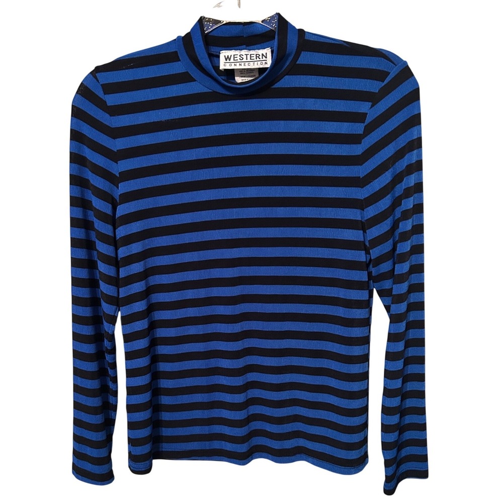 Western Connection Vintage 90s Mock Neck‎ Striped Long Sleeve Top Blue Black L